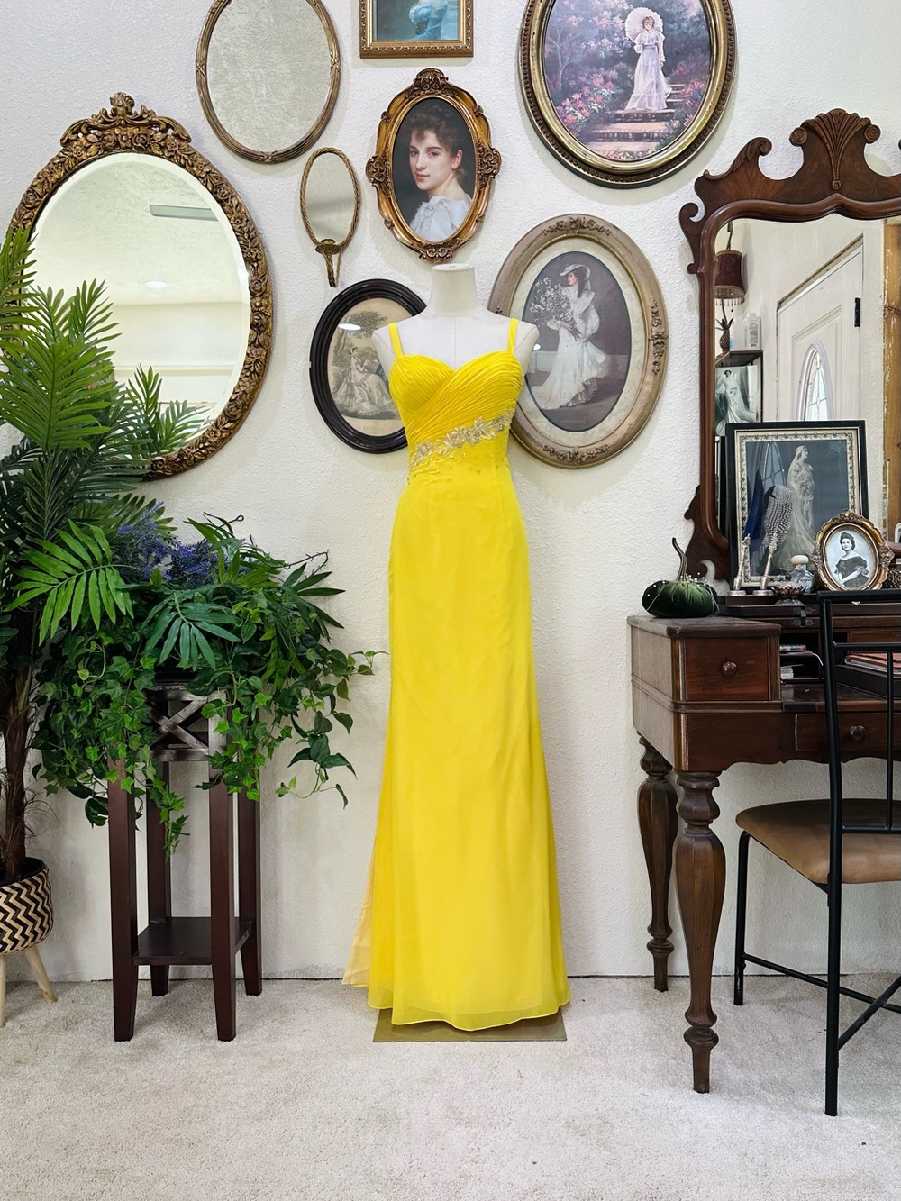 Bright Yellow Beaded Spaghetti-Strap Evening Gown